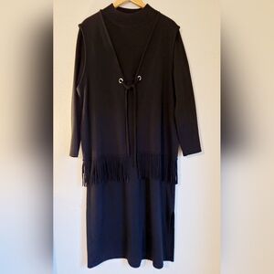 Nina Leonard Black Long Sleeve Fringe Dress